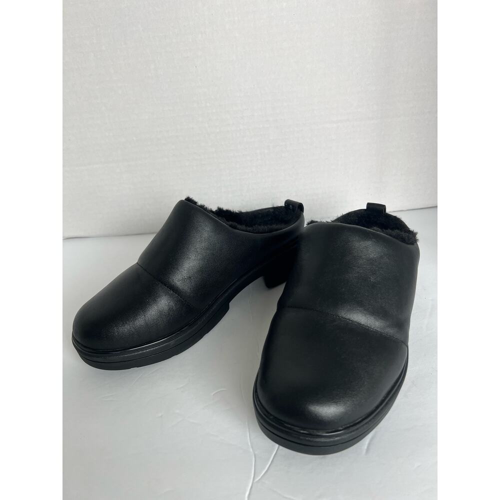 ABEO Capital Clogs Women’s Black Leather Round Toe Faux Fur Slip On Mules‎ Sz 8
